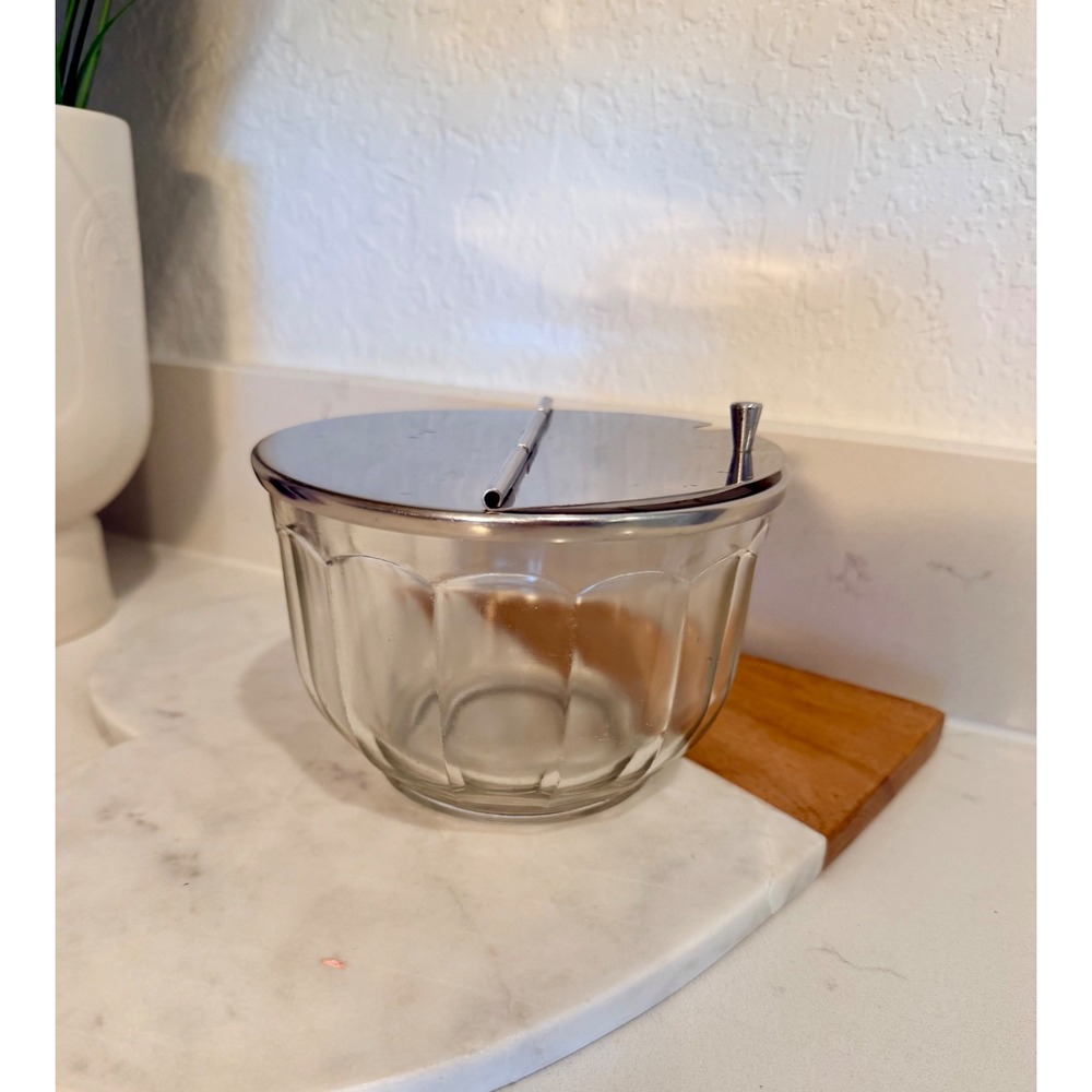 Bloomfield Industries Vintage Glass Sugar Bowl Stainless Steel Flip Top Lid